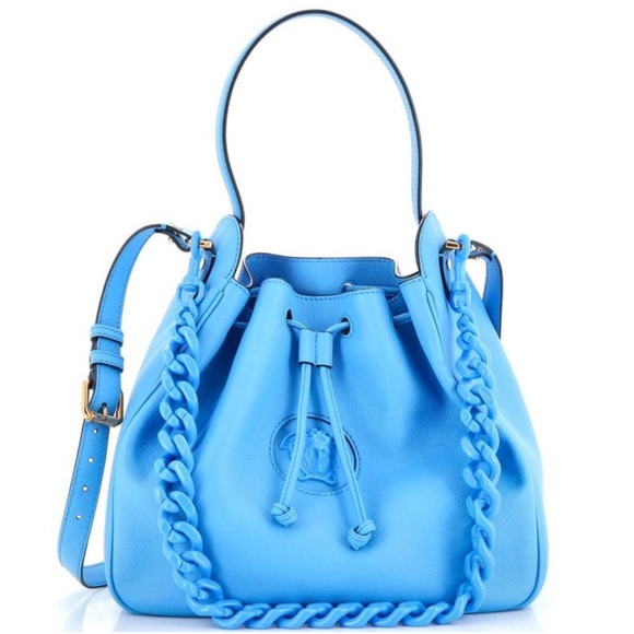 NEW! VERSACE La Medusa Blue Leather Drawstring Hobo Satchel Bucket Bag Travel - Picture 5 of 17